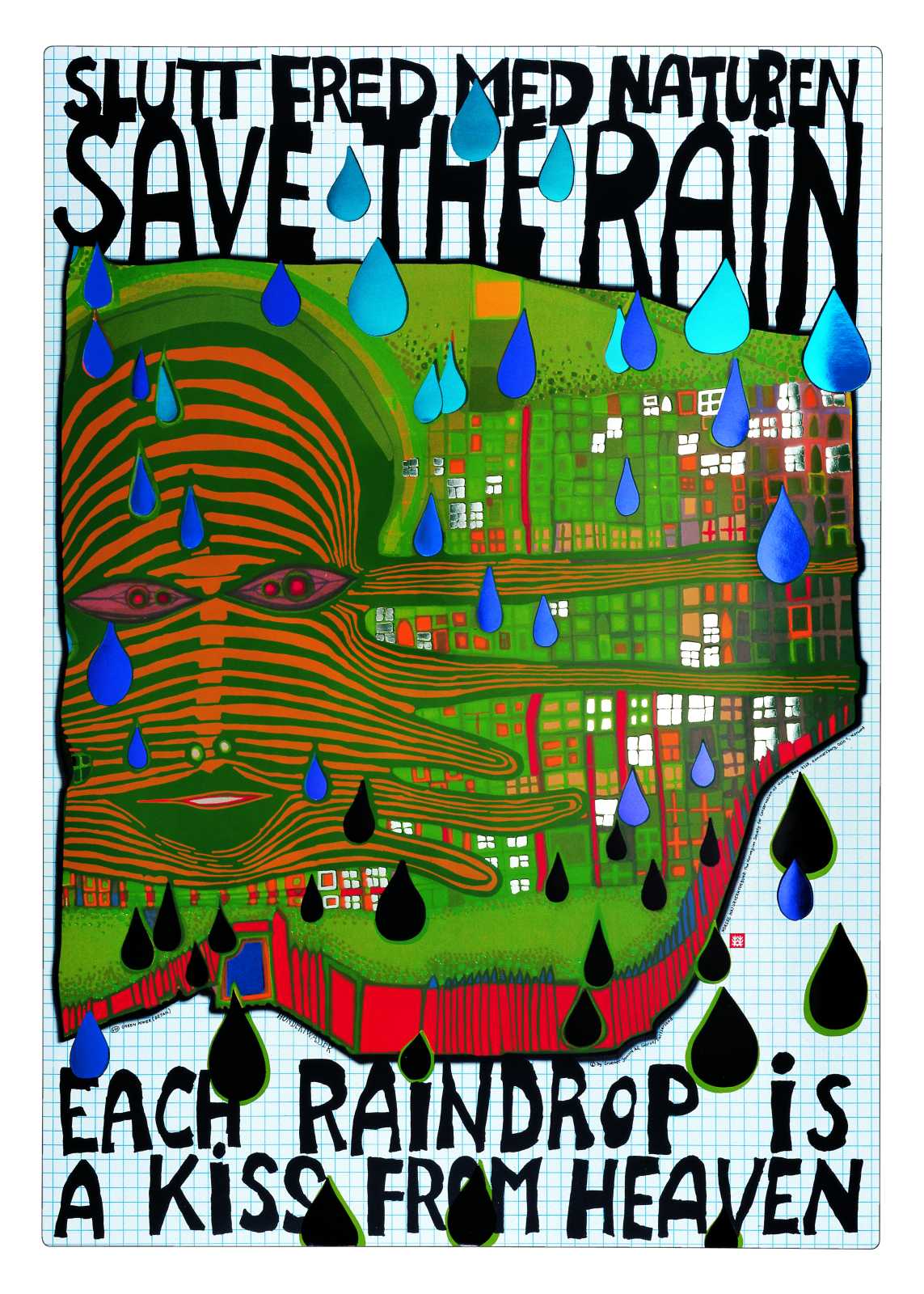 Hundertwasser Save the rain Poster Bild Kunstdruck im Alu Rahmen schwarz 59x84cm 